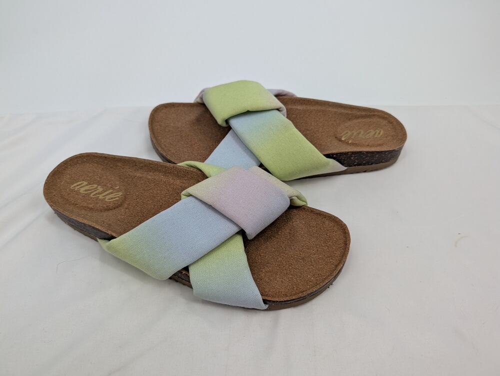 Aerie Pastel Puff Knotted Fabric Slide Cork Footbed Sandals Size 9 Rainbow Color